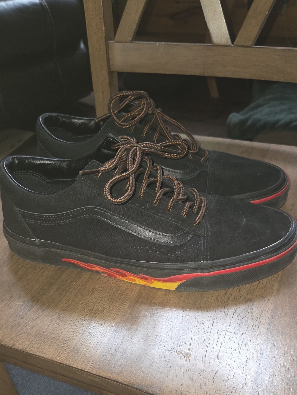 Vans Black Low-Top Sneakers with Red & Yellow Flame Midsole